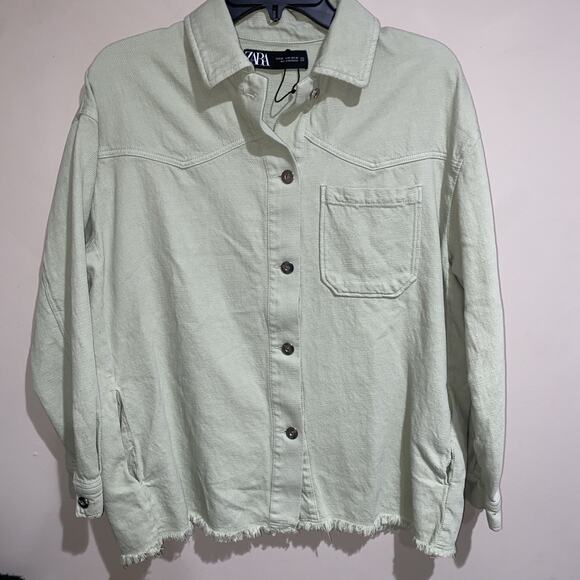Zara Women's Light Green Denim Button Front Raw Hem Shirt Jacket Pockets Sz XS - Picture 1 of 8
